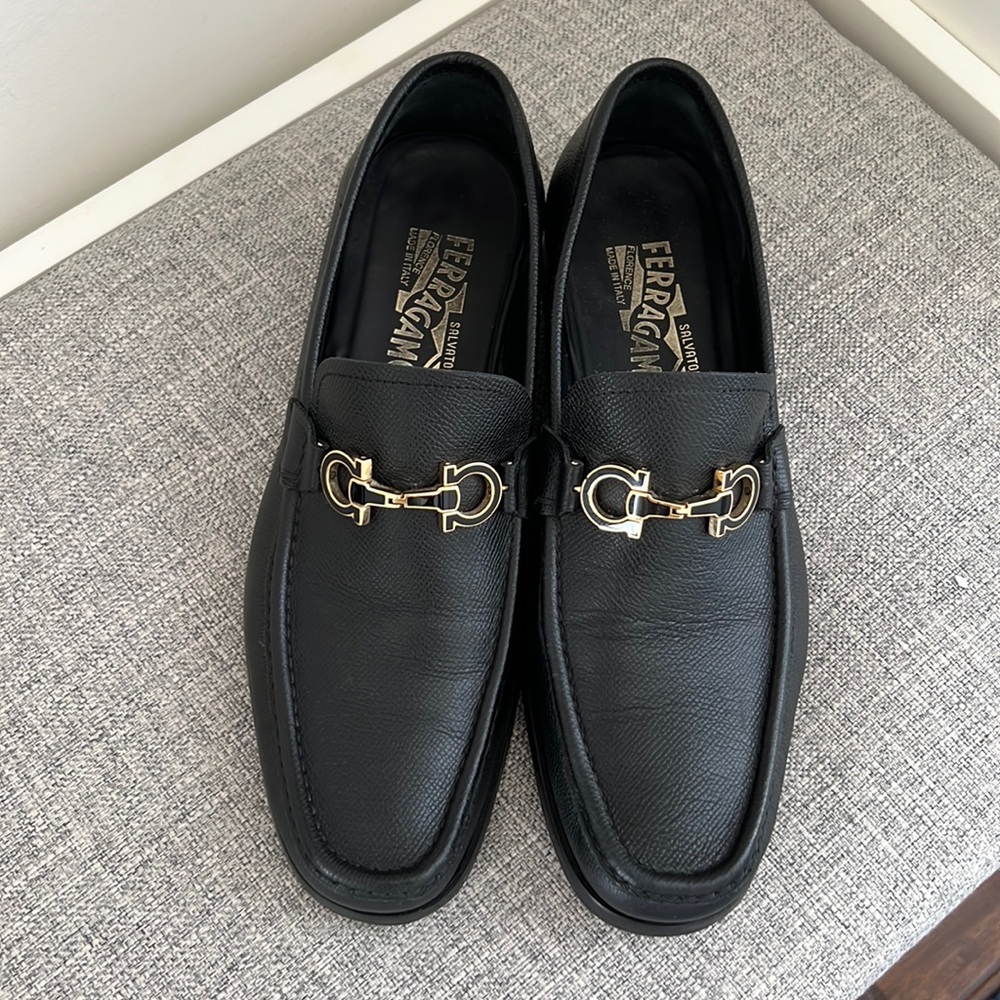 Salvatore Ferragamo Black Leather Bit Loafers with Gold Hardware